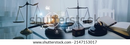 Judge's gavel, scales, lady of justice and hourglass. Law and justice concept