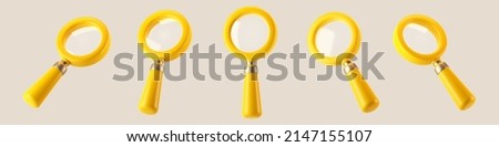 3d yellow magnifying glass icon set isolated on gray background. Render minimal transparent loupe search icon for finding, reading, research, analysis information. 3d cartoon realistic vector Royalty-Free Stock Photo #2147155107