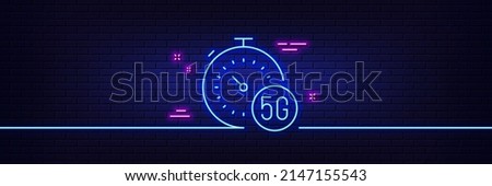 Neon light glow effect. 5g fast internet line icon. Wireless technology sign. Mobile wifi symbol. 3d line neon glow icon. Brick wall banner. 5g internet outline. Vector
