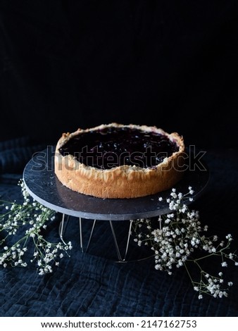 Open blueberry pie with jelly and white flowers around. Black background. Dark and moody food photography.