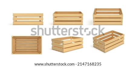 Vector realistic cargo storage wooden box isolated on white background. Wooden fruit box with holes. Box for storage and transportation of food. Royalty-Free Stock Photo #2147168235