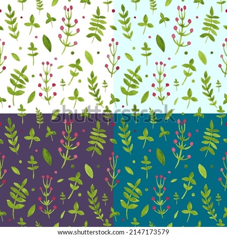 Pattern of flowers and grasses painted with watercolors on white background. Green leaves and flowers on a white background. Vector. Vector illustration