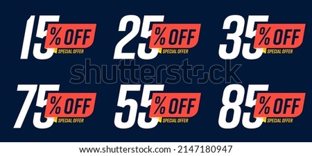 15, 25, 35, 55, 75, 85 percent off special offer. Promo tag discount offer with different clearance value vector illustration isolated on dark background