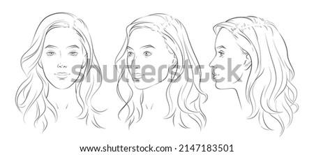 Vector woman face. Different angle view. Set of head portraits young girl with long wavy hair curls. Three dimension front, profile, three-quarter. Curly hairstyle. Realistic line sketch illustration