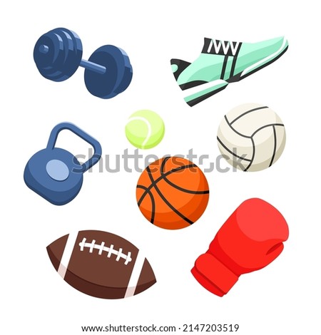 Set of sport equipment. Sport icons in flat style. Dumbbells, basketball, volleyball, boxing, american football, tennis kettlebell, sneakers. Isolated design.
