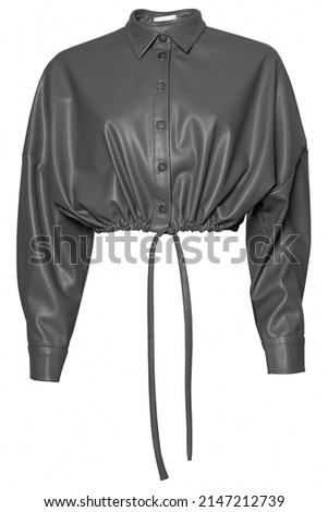 Gray grunge avant-garde eccentric special faux leather vegan leather fashion design cropped shirt with buttons to be on limelight isolated on the white background  Royalty-Free Stock Photo #2147212739