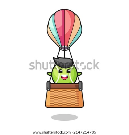 tennis mascot riding a hot air balloon , cute design