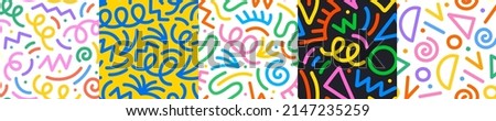Set of fun colorful line doodle seamless pattern. Creative minimalist style art background collection for children or trendy design with basic shapes. Simple childish scribble backdrop bundle. Royalty-Free Stock Photo #2147235259