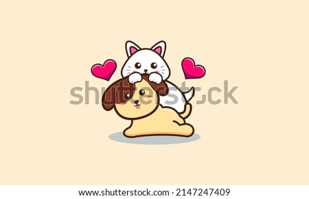 Cute cat and dog friend playing together cartoon vector illustration. Animal friend icon concept