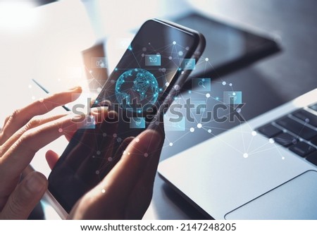 IoT Internet of Things, Global business, E-commerce, online shopping and banking concept. Woman using mobile smart phone for online shopping and internet banking, technology icons and virtual globe