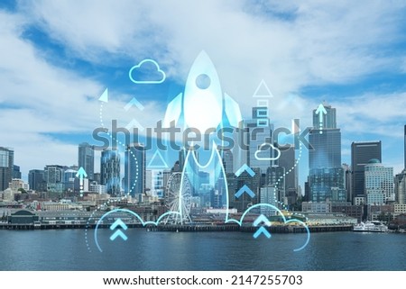 Seattle skyline with waterfront view. Skyscrapers of financial downtown at day time, Washington, USA. Startup company, launch project to seek and develop scalable business model, hologram