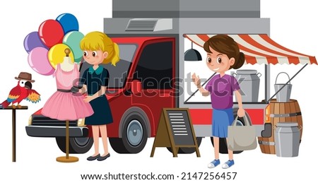 People shopping clothes at yard sale illustration