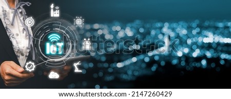 IOT Internet of things, Woman hand using digitla tablet with VR screen Internet of things icon background, Digital transformation, Modern technology concept..	 Royalty-Free Stock Photo #2147260429