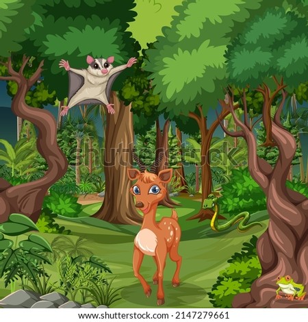 Wild animals in the forest scene illustration