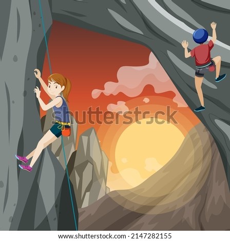 Rock climber on cliff at sunset time illustration