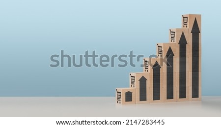 sale volume increase make business grow, wooden cube with icon graph and shopping cart symbol. Retail and Sales growth concept. banner, copy space