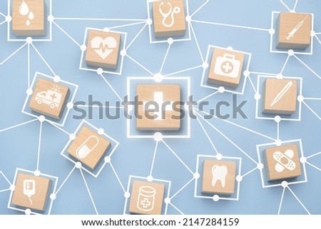 Health care and medical icons on wooden block with connection link for healthy wellness insurance and assurance concept. medicine and health insurance concepts.