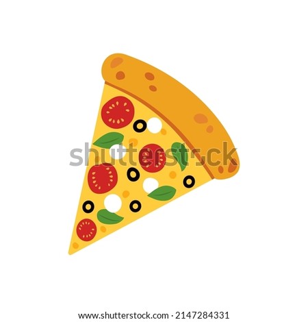 Vector illustration of a slice of pizza with cheese. Delicious Italian pizza with mozzarella, olives, tomatoes and basil.