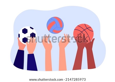 Players hands holding balls for football, basketball, volleyball. Group of people playing team games flat vector illustration. Sport, recreation concept for banner, website design or landing web page