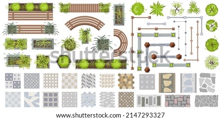 Architectural elements for landscape design top view. Set of Outdoor furniture, fence, trees, fence and tile path for project, plan, map, yard. Benches, chair, table, plant in pot. Vector kit flat Royalty-Free Stock Photo #2147293327