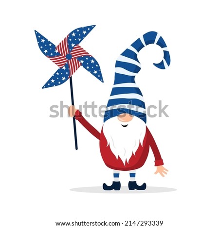 Patriotic american gnome. Cute scandinavian dwarf with pinwheel. Elf celebrate Independence day in the United States. Happy 4th of july. Vector illustration in flat cartoon style. National freedom day