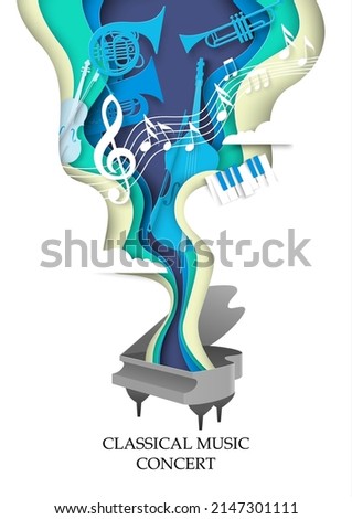 Classical music concert paper cut vector poster. Piano art design with different musical instrument and melody notes. Orchestra festival, acoustic or opera performance