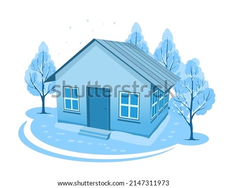Winter landscape. House surrounded by trees. Vector illustration