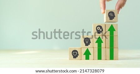 New skill, tech and digital skill concept for technology evolution. Soft, thinking, management, digital skill. Holding wooden cubes with digital icon. New skill, reskilling, upskilling training. Royalty-Free Stock Photo #2147328079