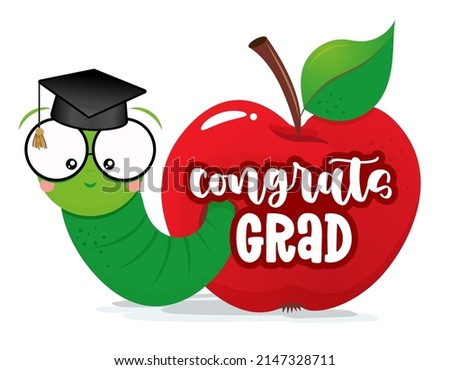 Congrats Grad! - Smart worm, student, in red apple with graduate cap. Cute caterpillar character. Hand drawn doodle for kids. Good for textiles, school sets, wallpapers, wrapping paper, clothes.