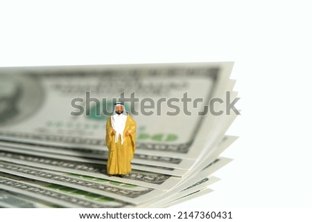 Miniature people toy figure photography. A King Sultan standing above dollar money paper cash. Isolated on white background. Image photo