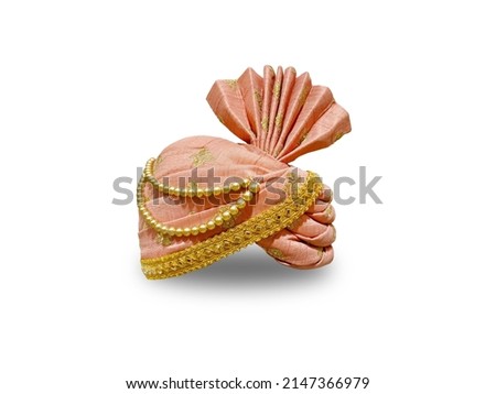 Indian Wedding safa, Turbanl, pagdi for Men Golden Color Dulha Marriage pagdi for Bridegroom in White Background. Royalty-Free Stock Photo #2147366979