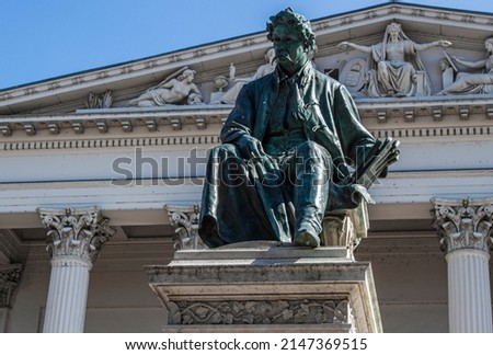 Historical bronze statue of Arany János in the old town of Budapest, Hungary, Europe. Arany János Memorial (19th-century poet) is located in front of the National Museum. Royalty-Free Stock Photo #2147369515