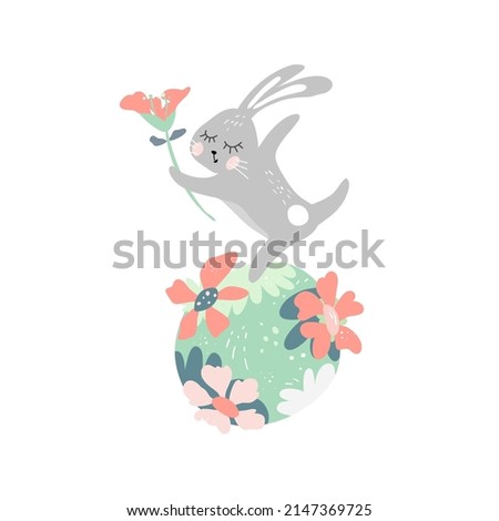 Cute baby print with funny bunny and flower. Green planet with beautiful graphic flowers. Dancing rabbit with long grey ears and white tail. Baby t-shirt animal prints. Greeting card design template.