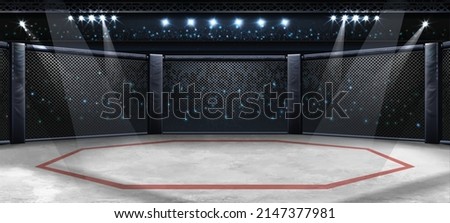 MMA cage night. Fighting Championship. Fight night. 3D render MMA arena. View of the arena by spotlights. Full tribune. Sport Royalty-Free Stock Photo #2147377981