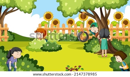 Children playing hide and seek at the park illustration