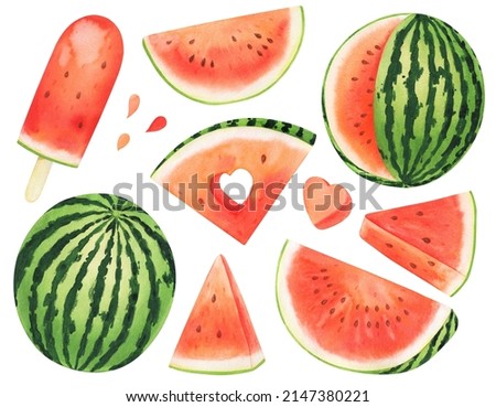 Watercolor watermelon and watermelon slices clip art isolated on white background.
