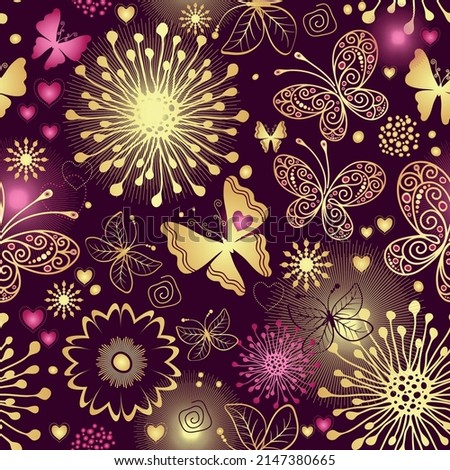 Purple seamless pattern with golden butterflies, hearts and flowers. Valentine. Vector eps 10