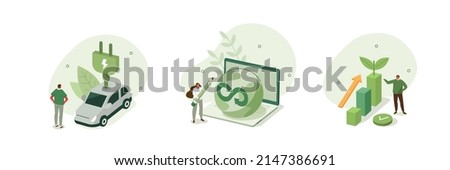 Circular economy illustration set. Sustainable economic growth with renewable energy and natural resources. Green energy and electric transport concept. Vector illustration. Royalty-Free Stock Photo #2147386691
