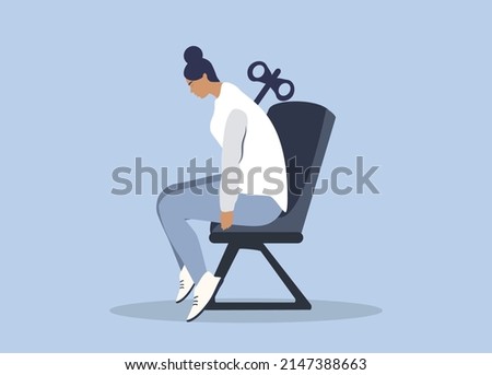 vector illustration in flat style on the theme of emotional burnout. a woman sits wearily on a chair, a winding key sticks out of her back Royalty-Free Stock Photo #2147388663