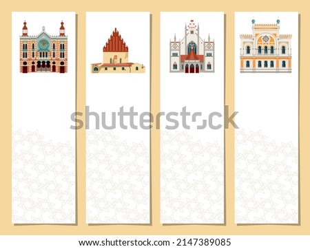 Set of 4 bookmarks with Synagogues of Prague, Czech Republic. Jubilee  (Jubilejní synagoga), Old New (Staronová synagoga), Maisel (Maiselova synagoga), Spanish (Španělská Royalty-Free Stock Photo #2147389085