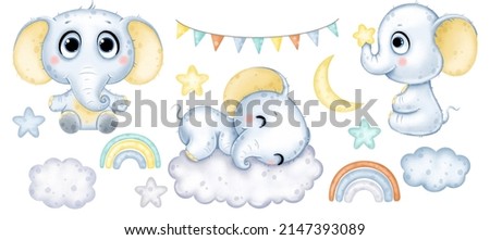 Cute elephant clipart among clouds and rainbow, kids room decor
