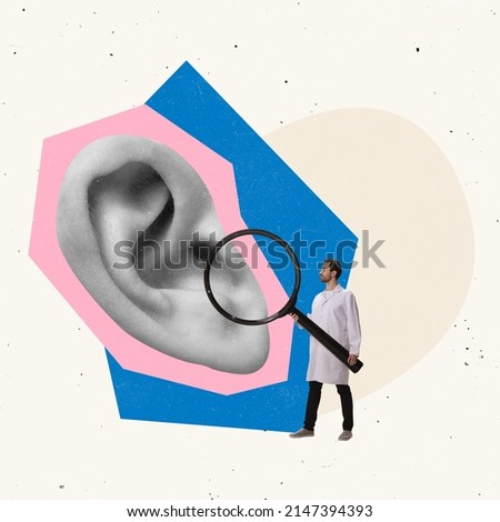 Contemporary art collage. Doctor, lore checking human ear. Professional occupation. Healtcare. Conceptual creative image for medical ad. Concept of medicine, aid, science, health, human life Royalty-Free Stock Photo #2147394393
