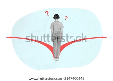 Abstract sketch of confused lady stand red arrows have no idea what direction choose isolated pastel color background Royalty-Free Stock Photo #2147400645