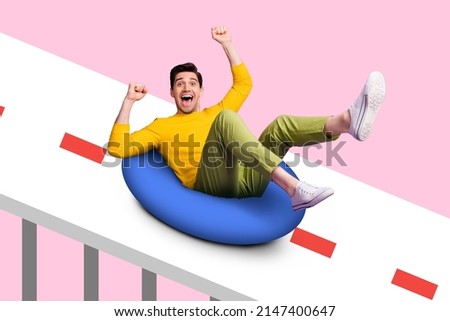 Photo of astonished satisfied person slides down road raise fists isolated on pink background Royalty-Free Stock Photo #2147400647