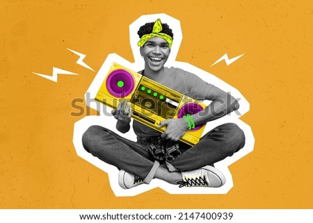 Composite drawing illustration of man sitting hold radio boombox enjoy music isolated on yellow background Royalty-Free Stock Photo #2147400939
