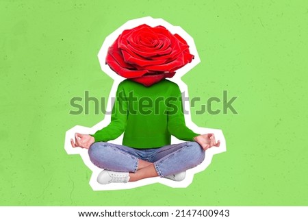 Creative collage image of person meditate headed red rose isolated on illustrated green background Royalty-Free Stock Photo #2147400943