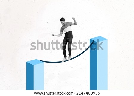 Creative collage picture of young man rope walking keep balance stability isolated on white background