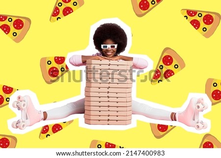 Creative image of lady sit pile carton package pizza innovative delivery concept isolated bright color background