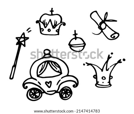 a set of fairy tales cartoon icons. doodle-style elements of a crown, a princess carriage, an order scroll and a magic wand with a star, isolated black outline on white for a magical design template