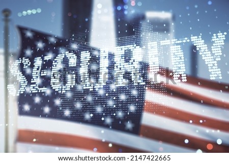 Virtual cyber security creative concept on US flag and city background. Double exposure Royalty-Free Stock Photo #2147422665